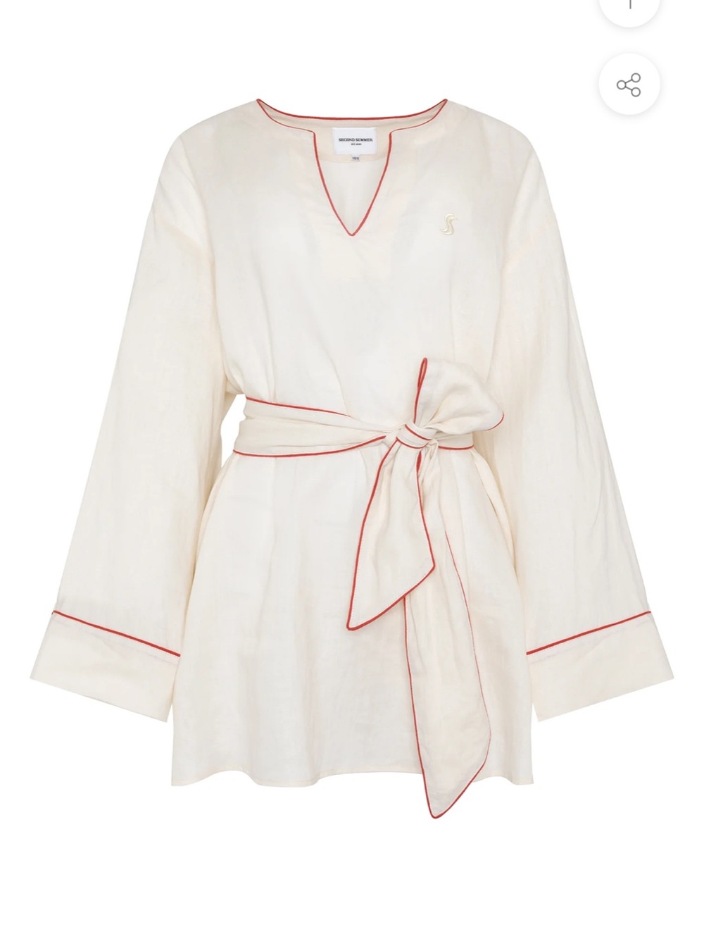 Women's Cream Linen Tunic Robe with Red Piping - Belted